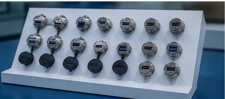 Metal USB panel connector samples used for protective cover and OEM option discussion