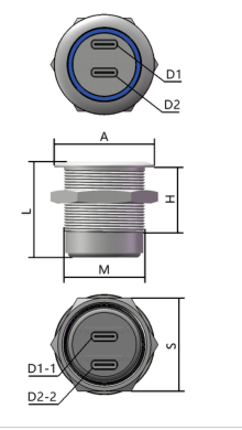 GBU3-CC28CC-ANB M28 dimension drawing with front view side view and rear view from USB selection manual