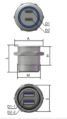GBU3-CC28MM-ANB M28 dimension drawing with front view side view and rear view from USB selection manual
