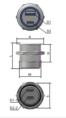 GBU3-MC28CC-ANB M28 dimension drawing with front view side view and rear view from USB selection manual