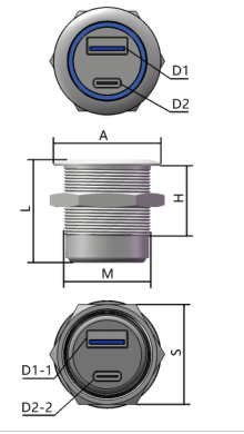 GBU3-MC28MC-ANB M28 dimension drawing with front view side view and rear view from USB selection manual