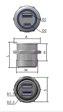 GBU3-MC28MM-ANB M28 dimension drawing with front view side view and rear view from USB selection manual