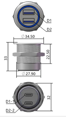 GBU3-MM28CC-ANB M28 dimension drawing with front view side view and rear view from USB selection manual